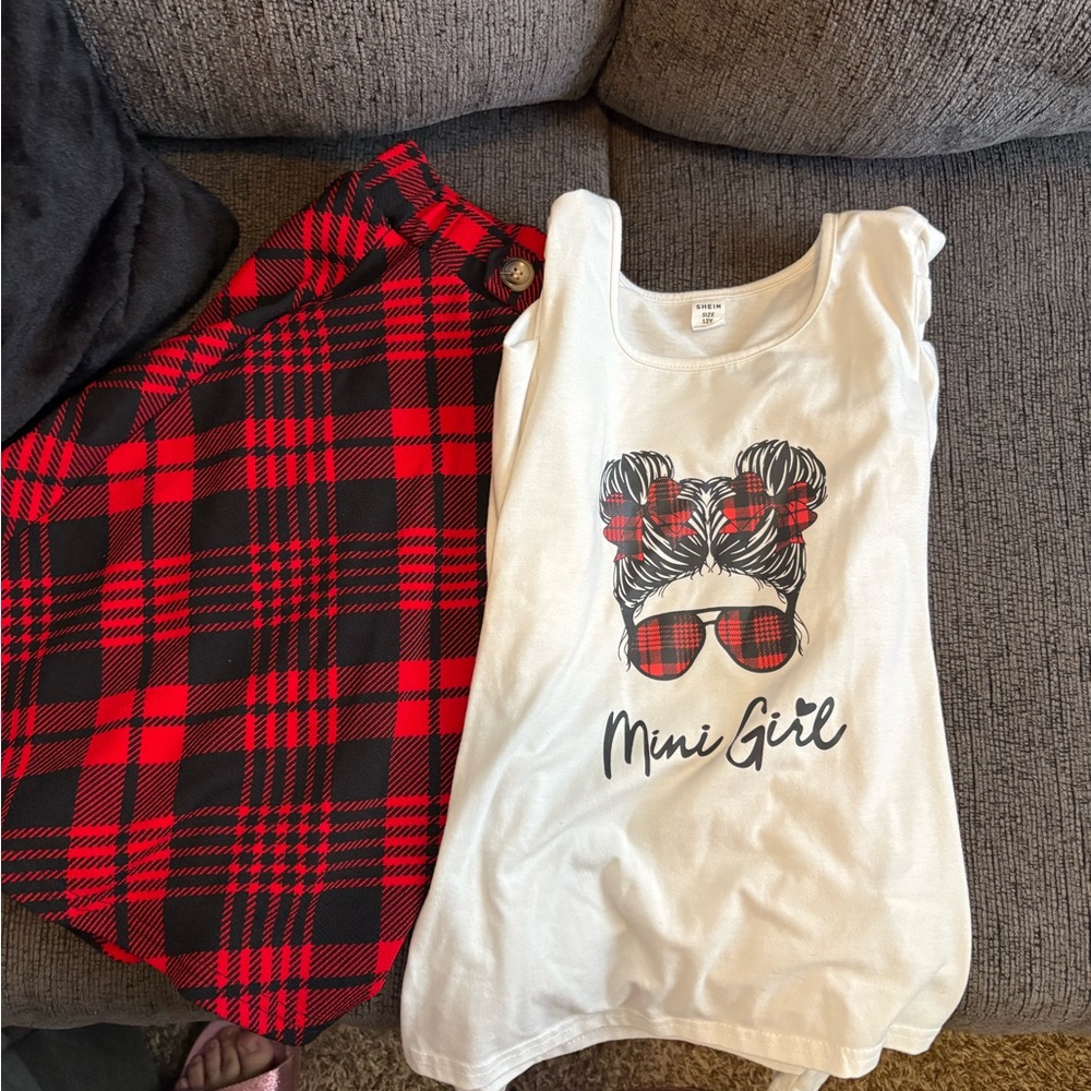 White "Mini Girl" Graphic Tank with Red Plaid Accents